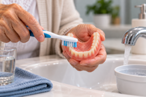 Como limpar prótese dentária removível de idosos